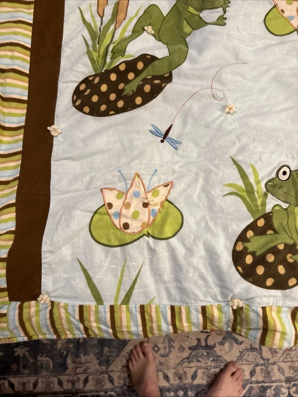 Frog Applique Baby Quilt in Blue and Green - Charming Nursery Bedding